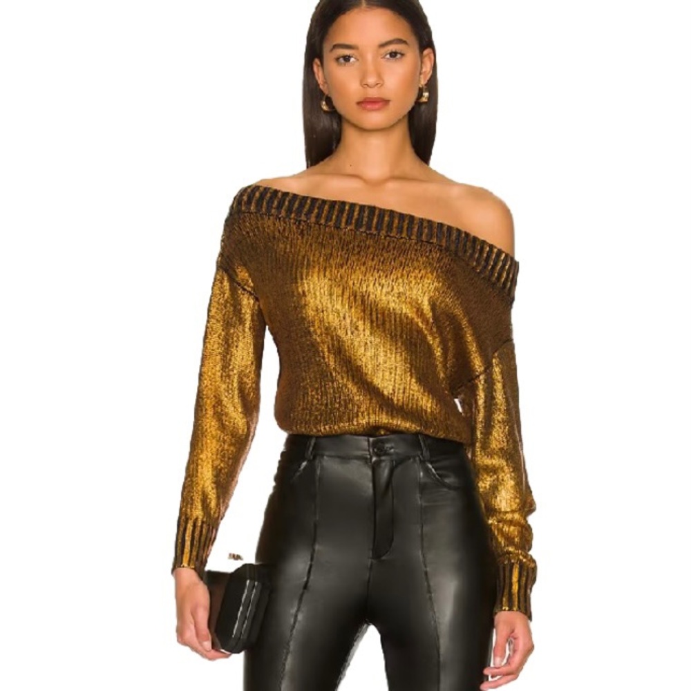 Superdown Metallic Gold Off-Shoulder Sweater
